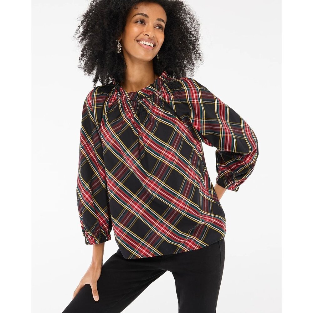 J.Crew Tartan Smocked Blouse L Black Preppy Cotton Top Long Sleeves Plaid Shirt